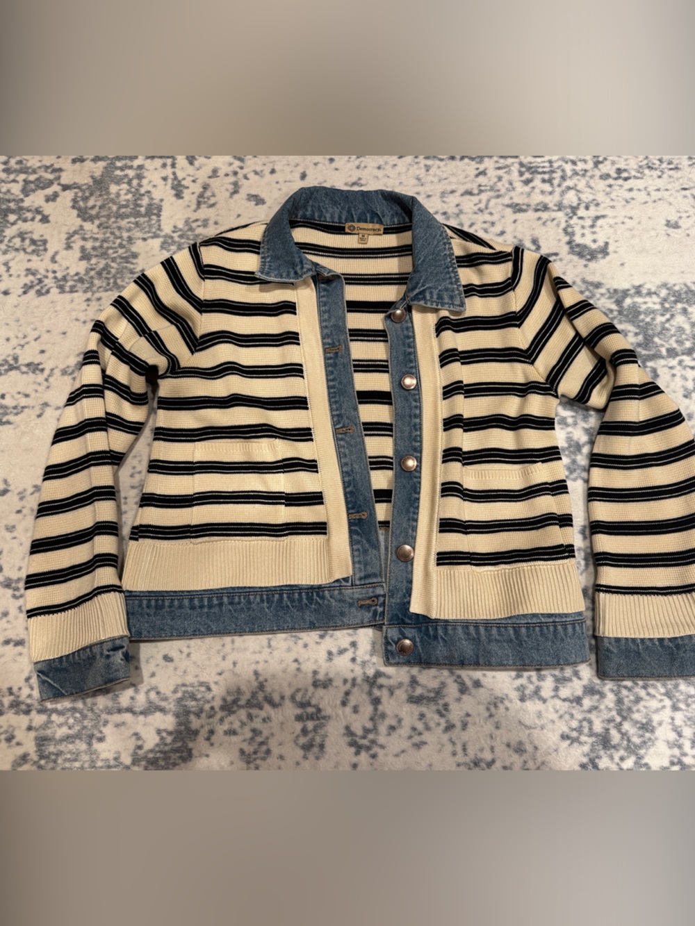 Democracy Cream & Black Striped Knit Jacket with Denim Trim